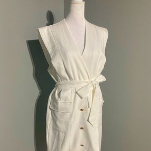 White Sleeveless Gold Button Detail Blazer Dress